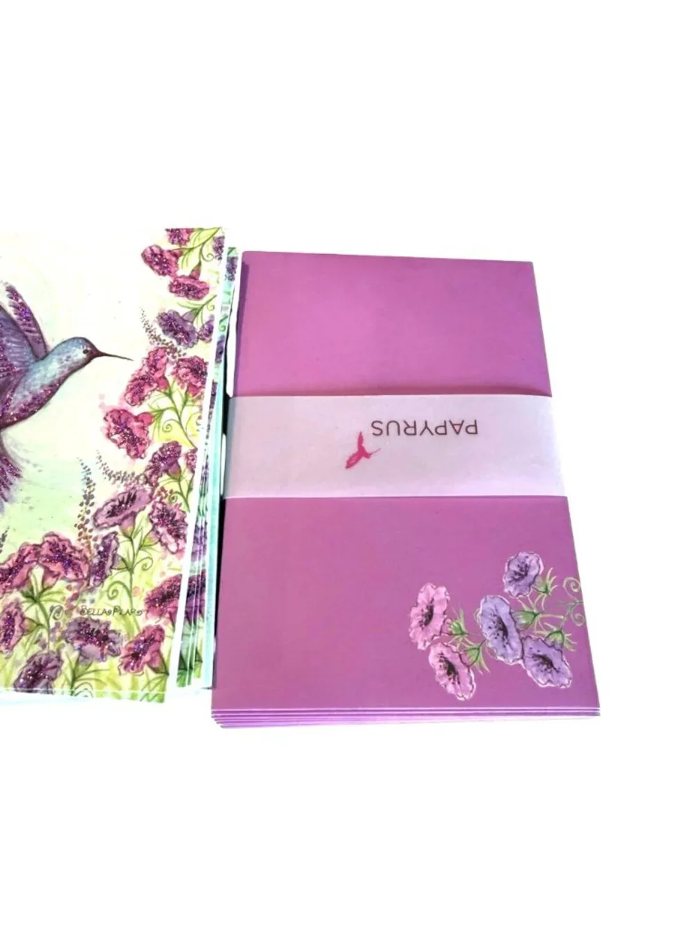 Papyrus 12 Hummingbird Notecards Envelopes Gold Seals Floral Glitter Purple